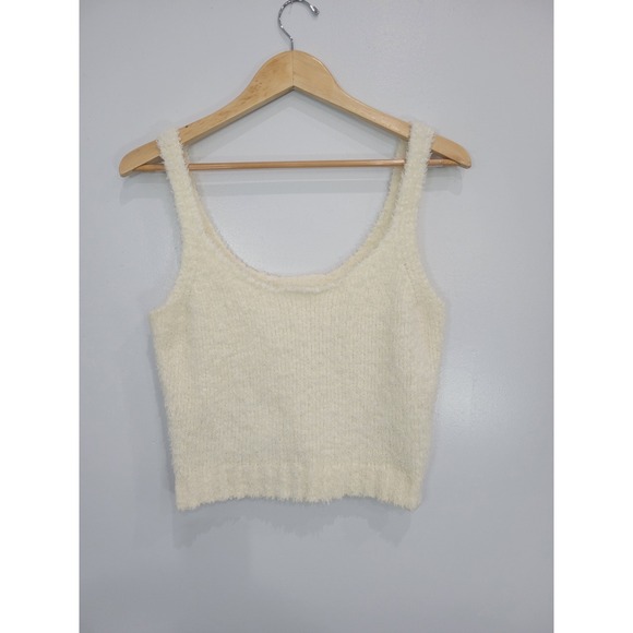Skims Cozy Knit Tank Top Cream Sleeveless Fuzzy Lounge Crop Top L/XL - Picture 1 of 5